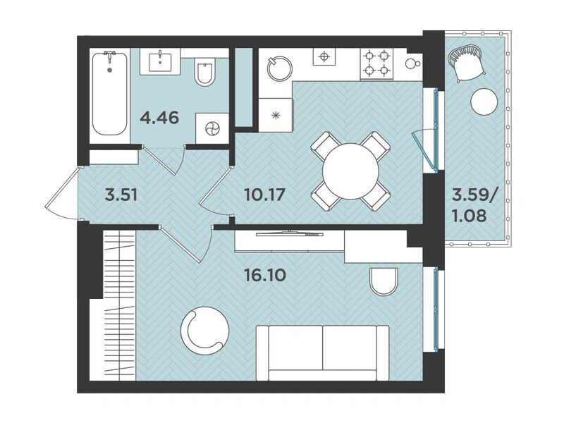 Планировка: 1-комн. квартира 35.32 м² в новостройке Новокасимово