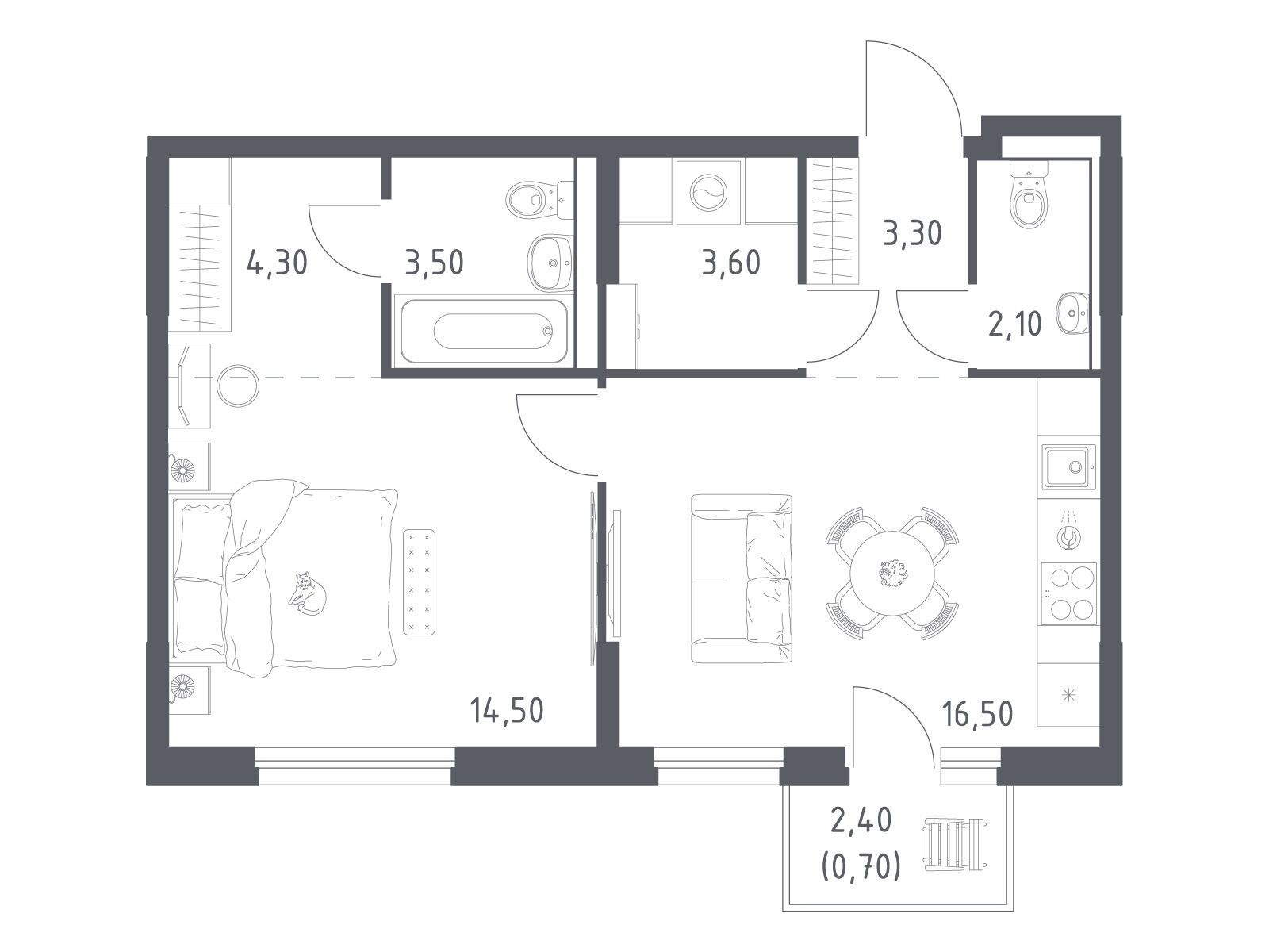 Планировка: 1-комн. квартира 48.50 м² в новостройке Химки парк