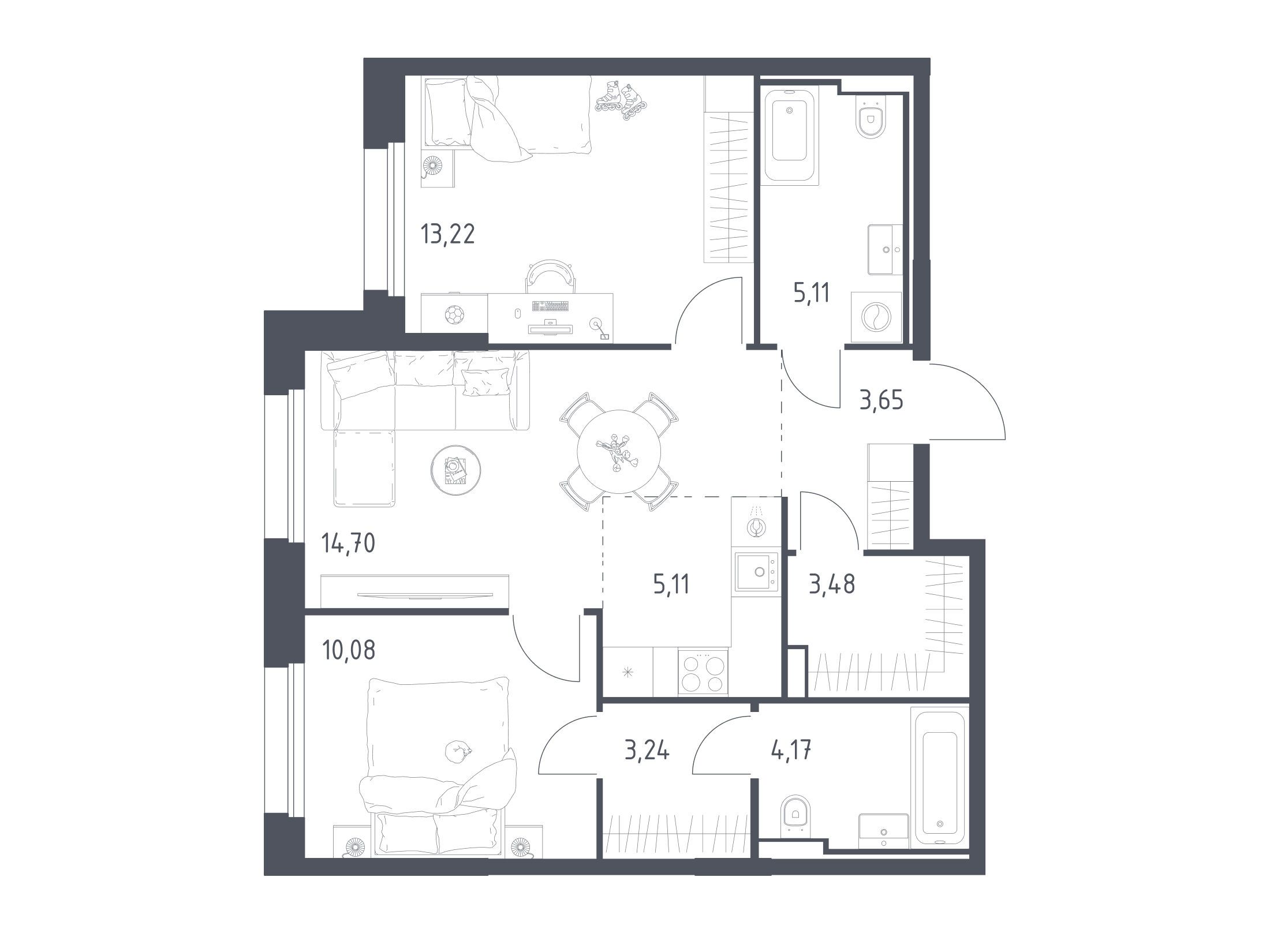 Планировка: 2-комн. квартира 62.76 м² в новостройке Заречье Парк
