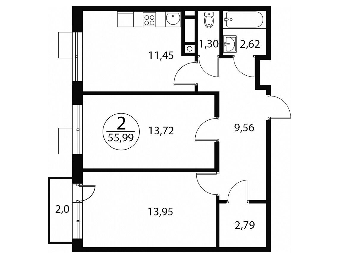 Планировка: 2-комн. квартира 55.99 м² в новостройке Катуар