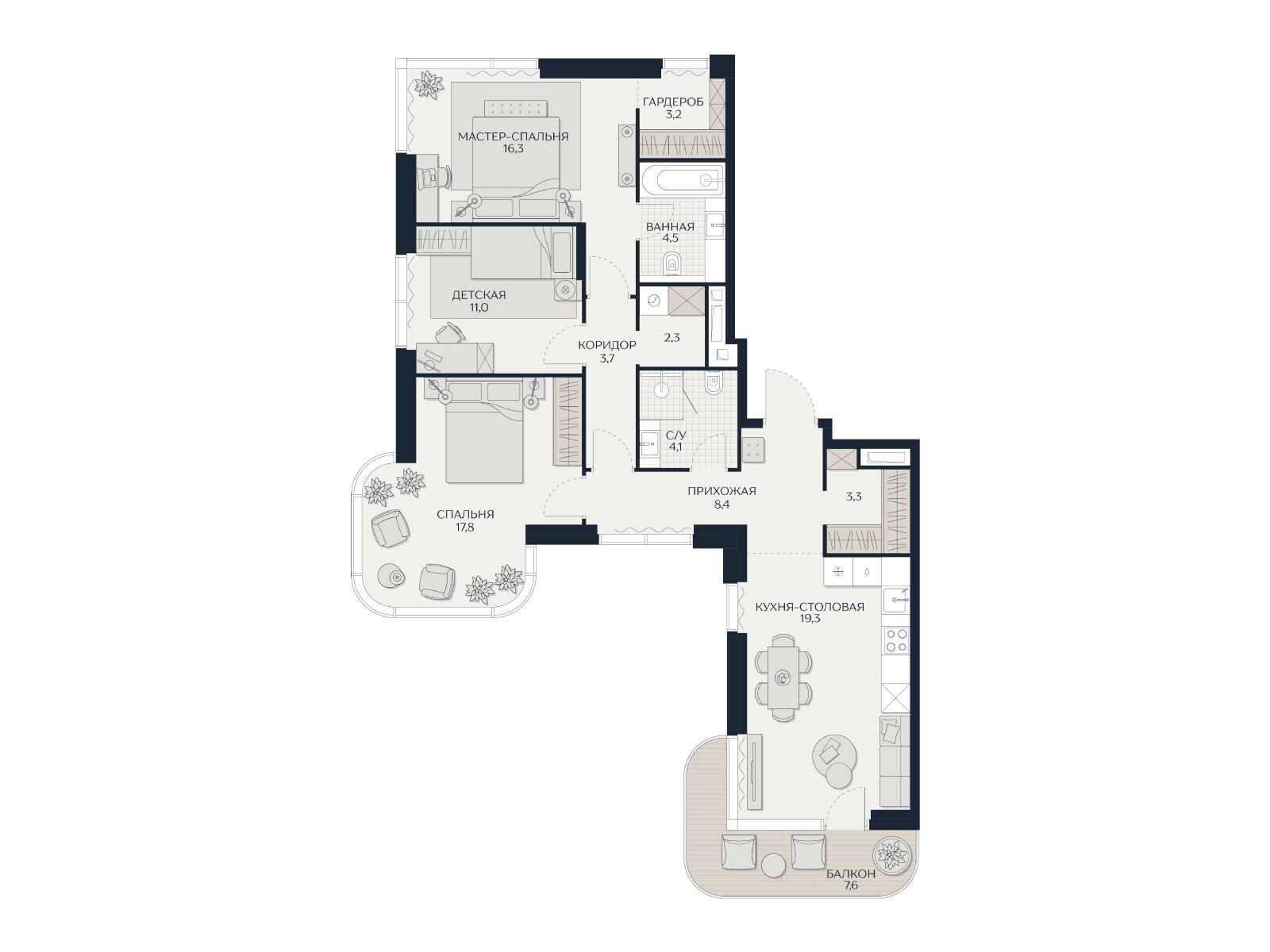 Планировка: 3-комн. квартира 96.20 м² в новостройке Кутузов Сити