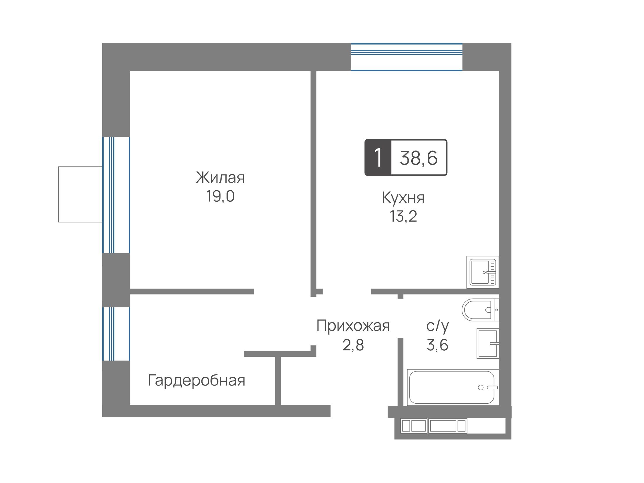 Планировка: 1-комн. квартира 38.60 м² в новостройке Отрада