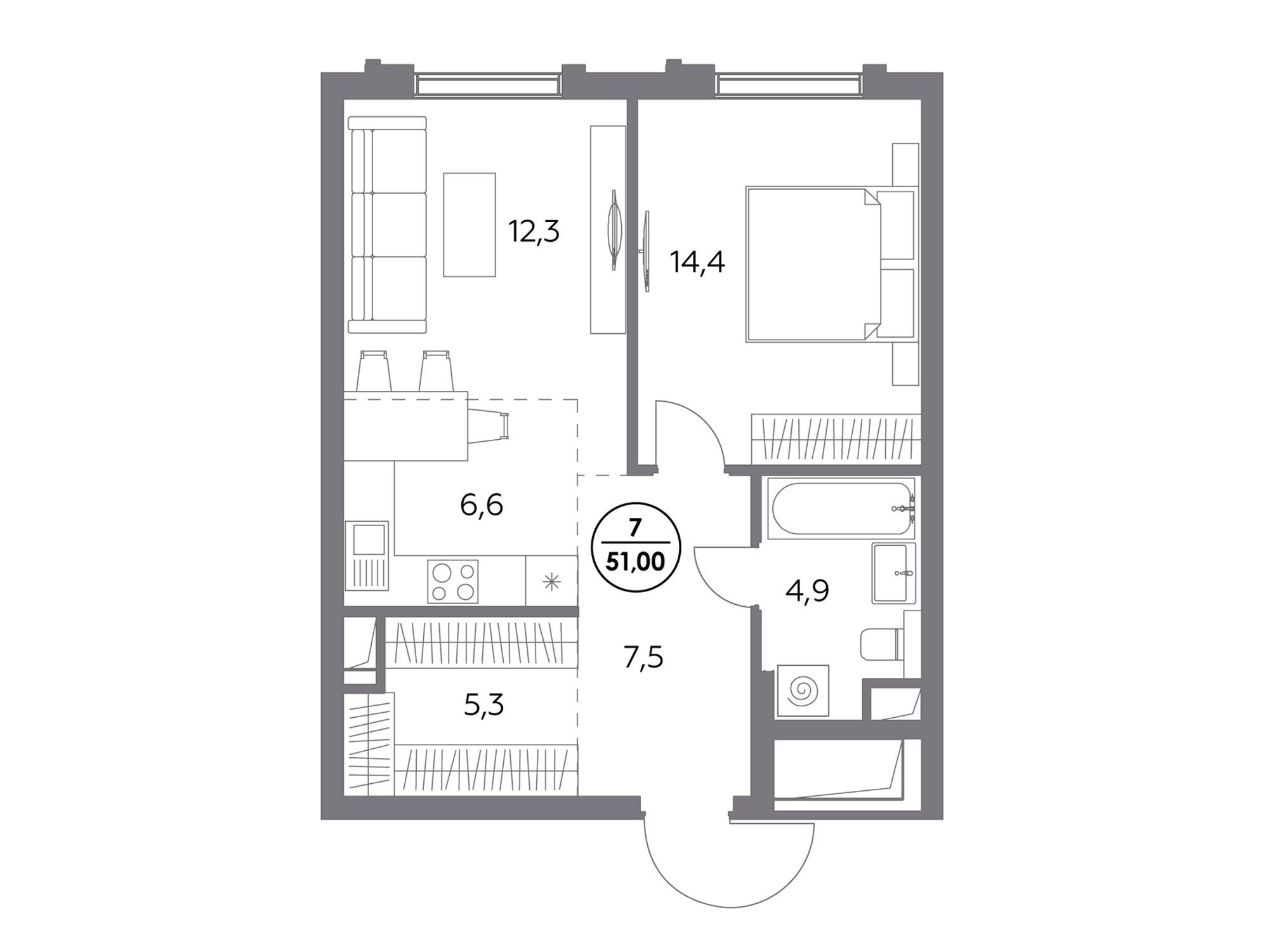 Планировка: 1-комн. квартира 51.00 м² в новостройке ЖК Дом 56