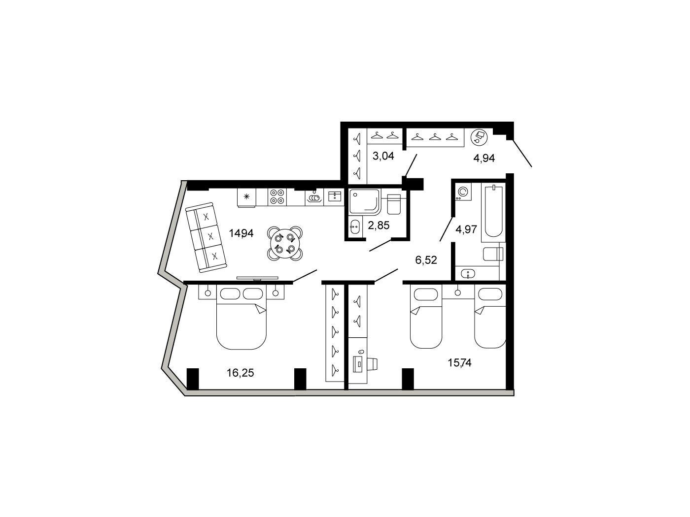 Планировка: 3-комн. квартира 69.25 м² в новостройке Клубный дом Новая, 11