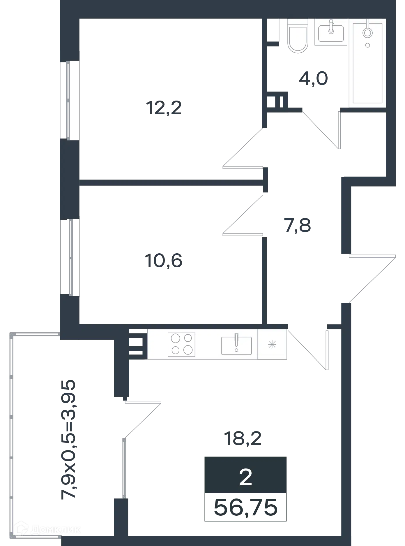 Планировка: 2-комн. квартира 57.30 м² в новостройке Новая Елизаветка