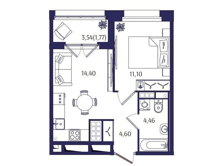 Планировка: 1-комн. квартира 36.33 м² в новостройке Ранта Резиденс