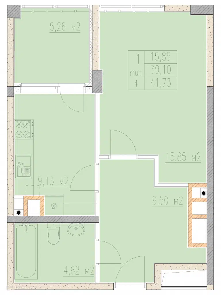 Планировка: 1-комн. квартира 41.73 м² в новостройке Агой-парк