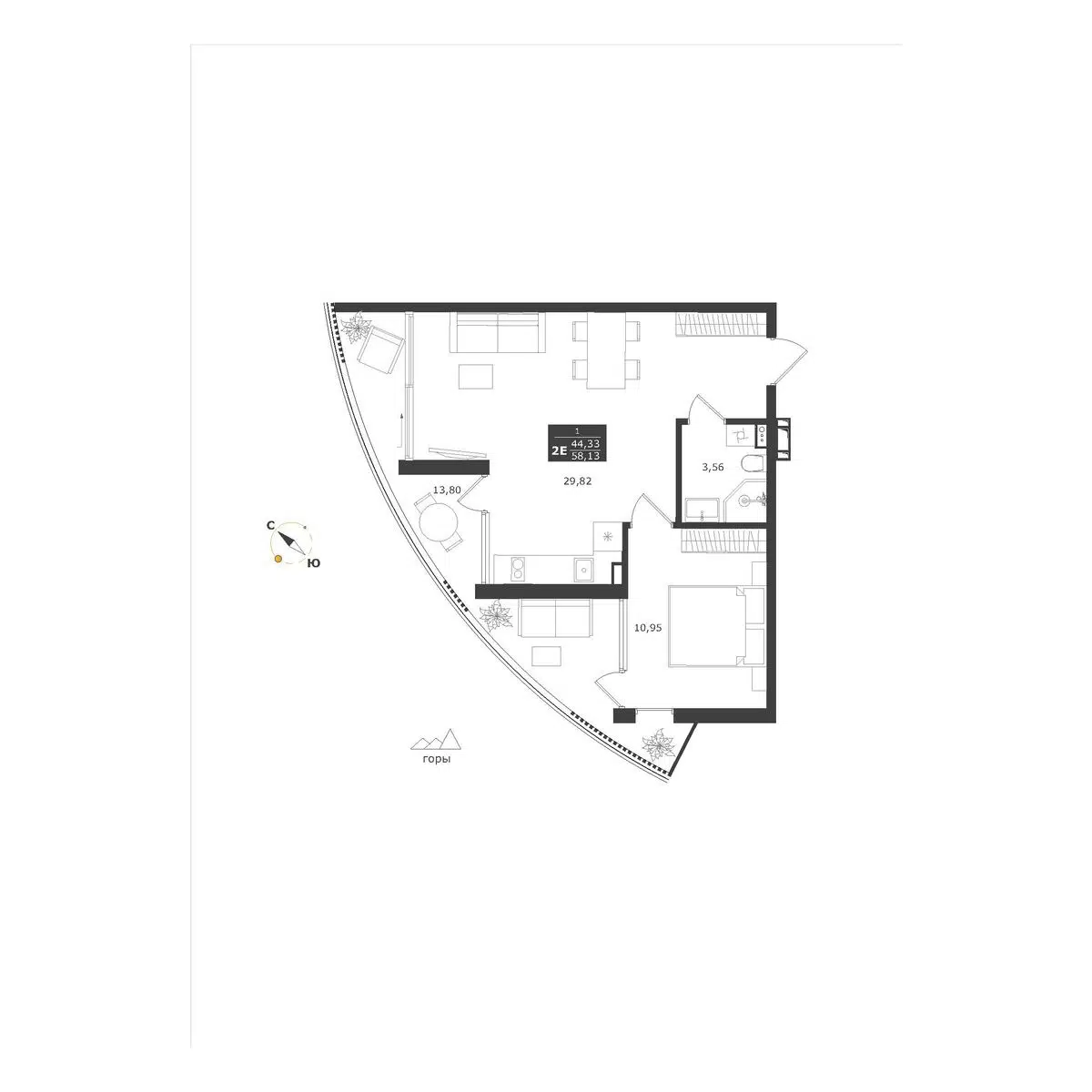 Планировка: 2-комн. квартира 58.13 м² в новостройке Паруса мечты