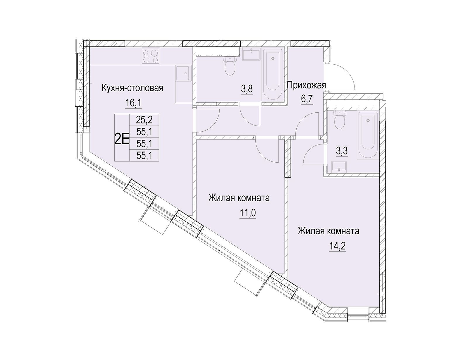 Планировка: 2-комн. квартира 55.10 м² в новостройке Отрадный