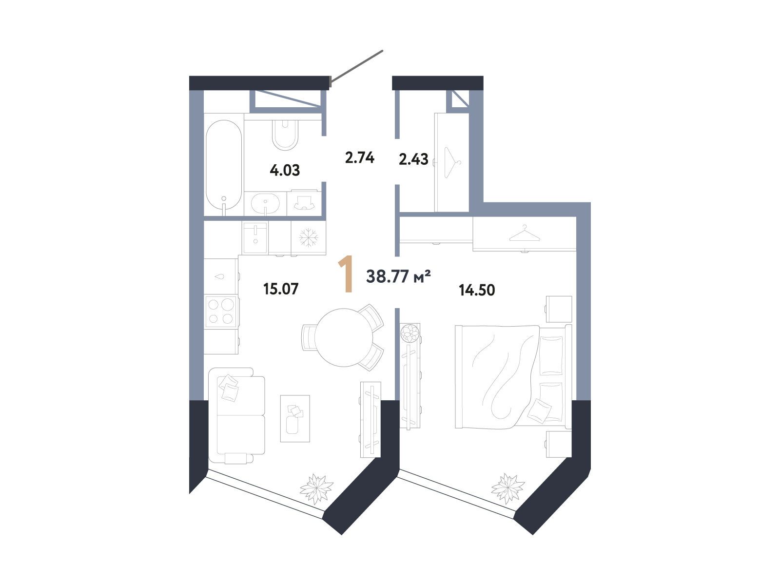 Планировка: 1-комн. квартира 38.77 м² в новостройке ЖК Репаблик