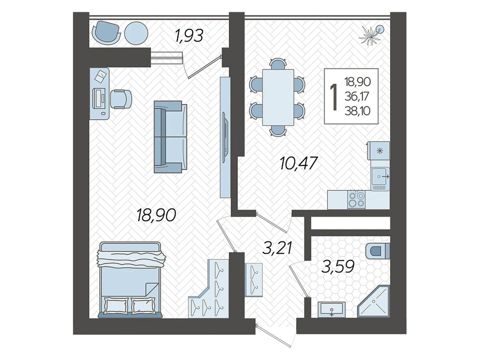 Планировка: 1-комн. квартира 38.10 м² в новостройке Кислород