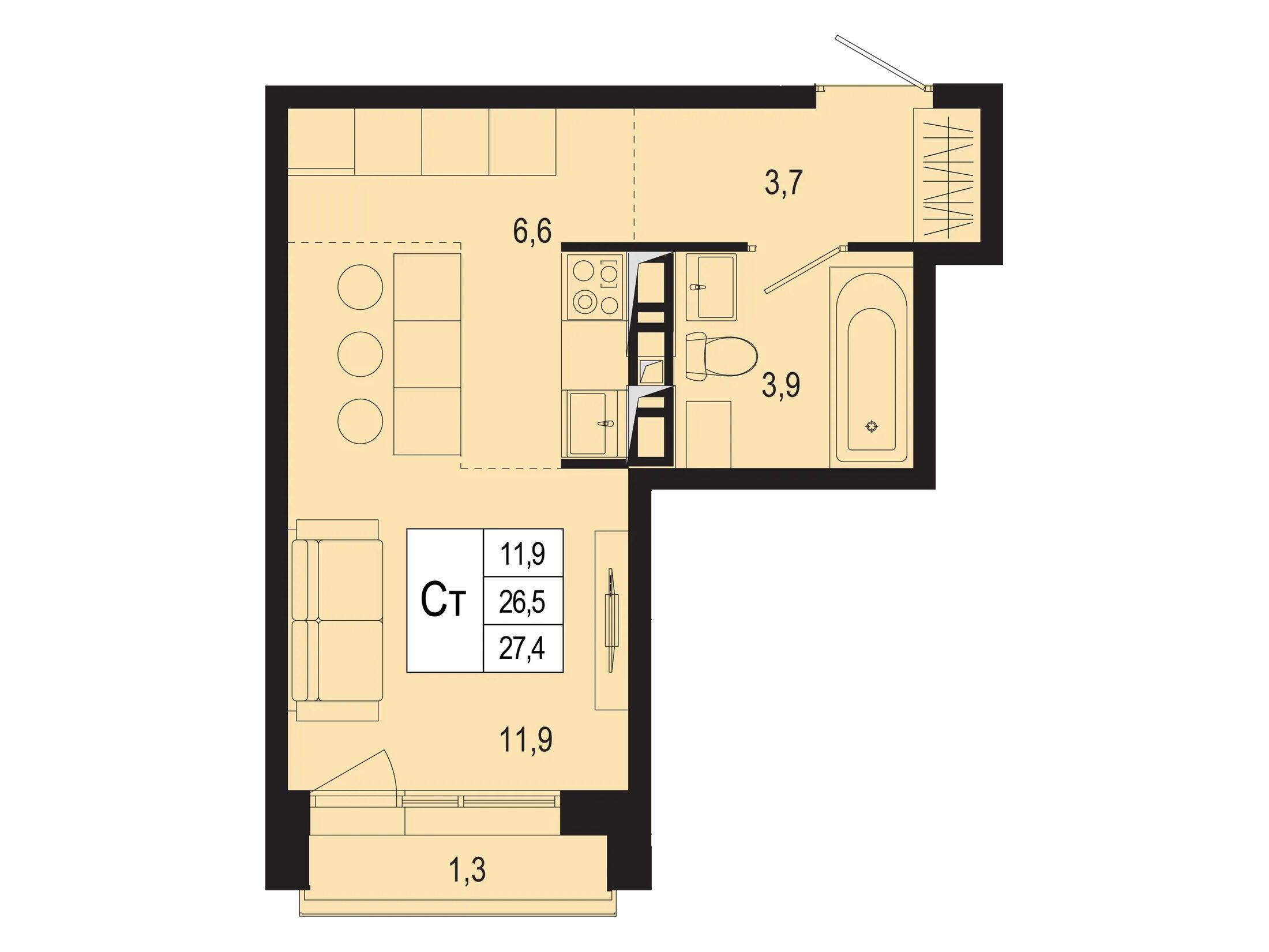 Планировка: Студия 26.50 м² в новостройке ЖК Новая Щербинка