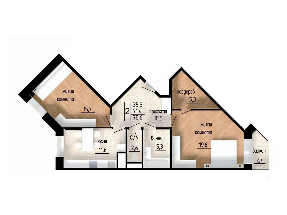 Планировка: 2-комн. квартира 71.40 м² в новостройке Литейный