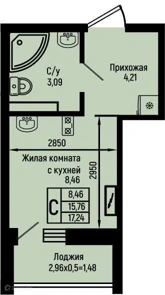 Планировка: Студия 17.24 м² в новостройке Ботаника Хилс