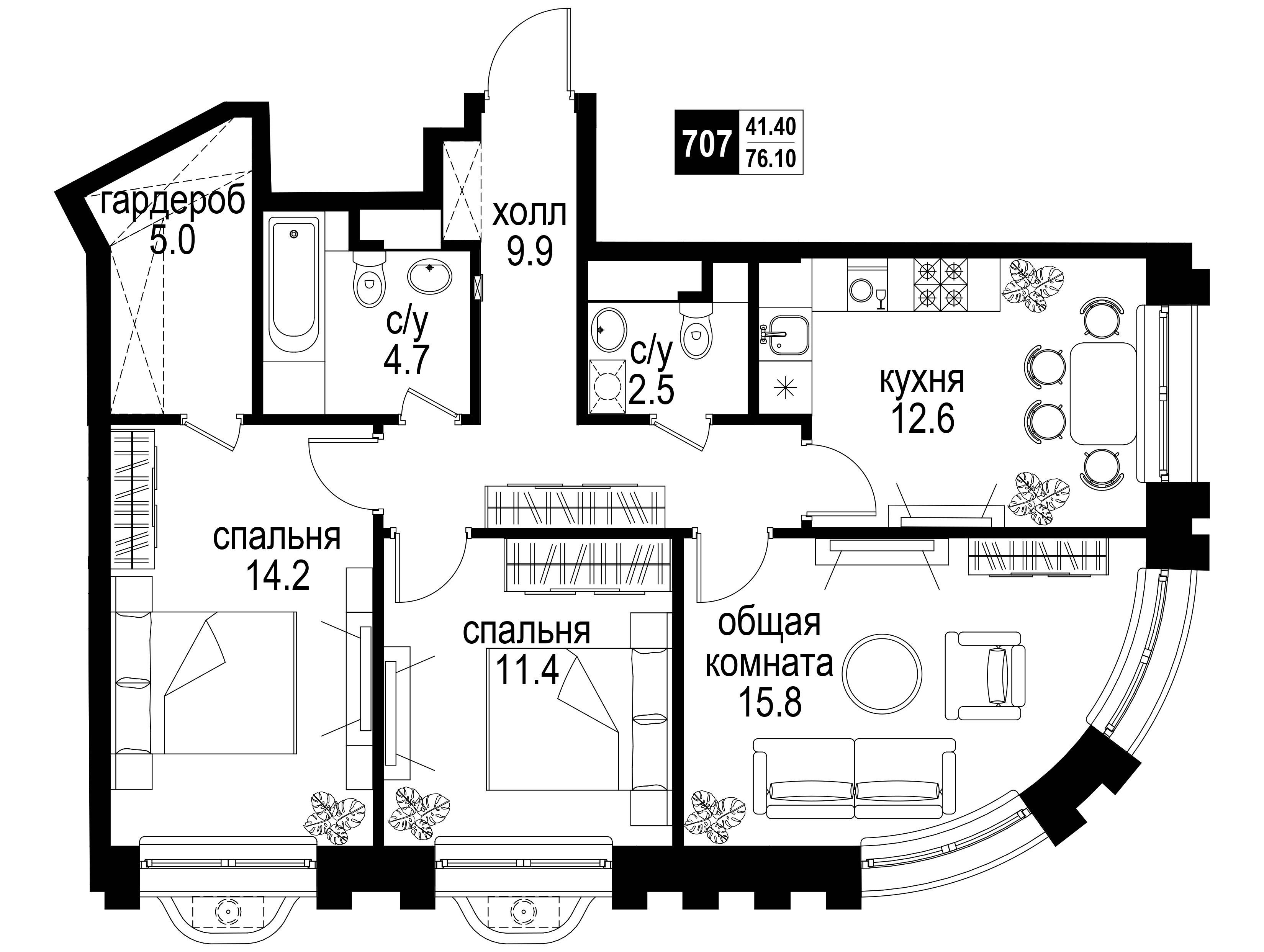 Планировка: 3-комн. квартира 76.10 м² в новостройке Интеллигент