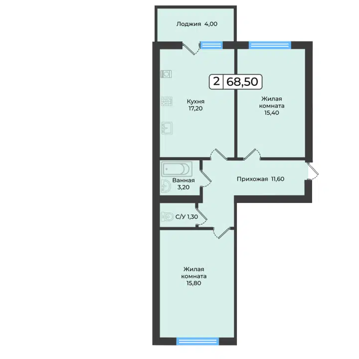 Планировка: 2-комн. квартира 68.50 м² в новостройке Европейский 5