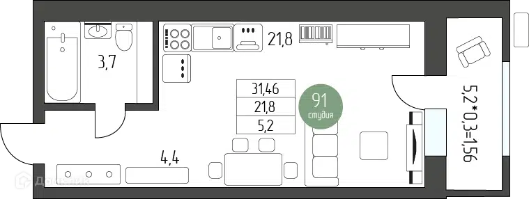 Планировка: Студия 31.46 м² в новостройке Лермонтов