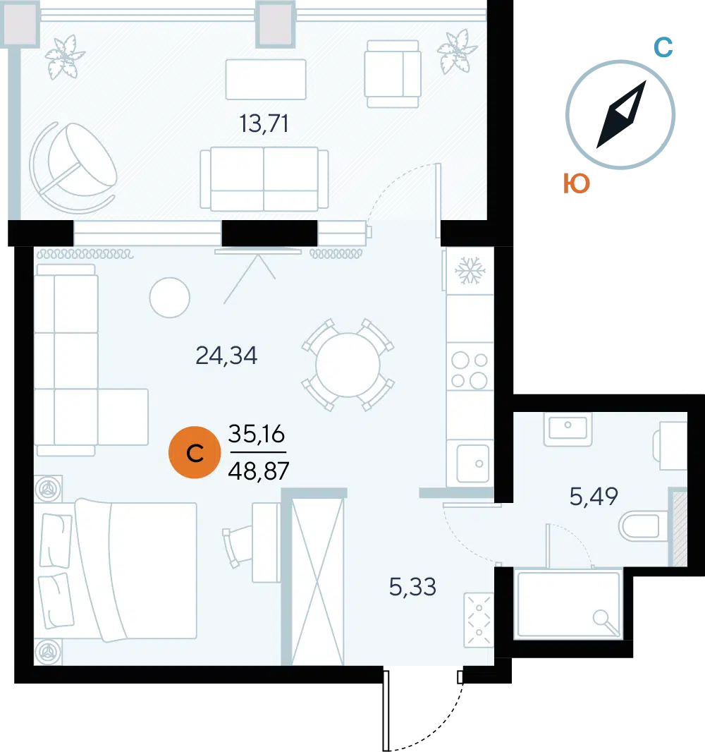 Планировка: Студия 48.87 м² в новостройке ЖК Альба дель Маре