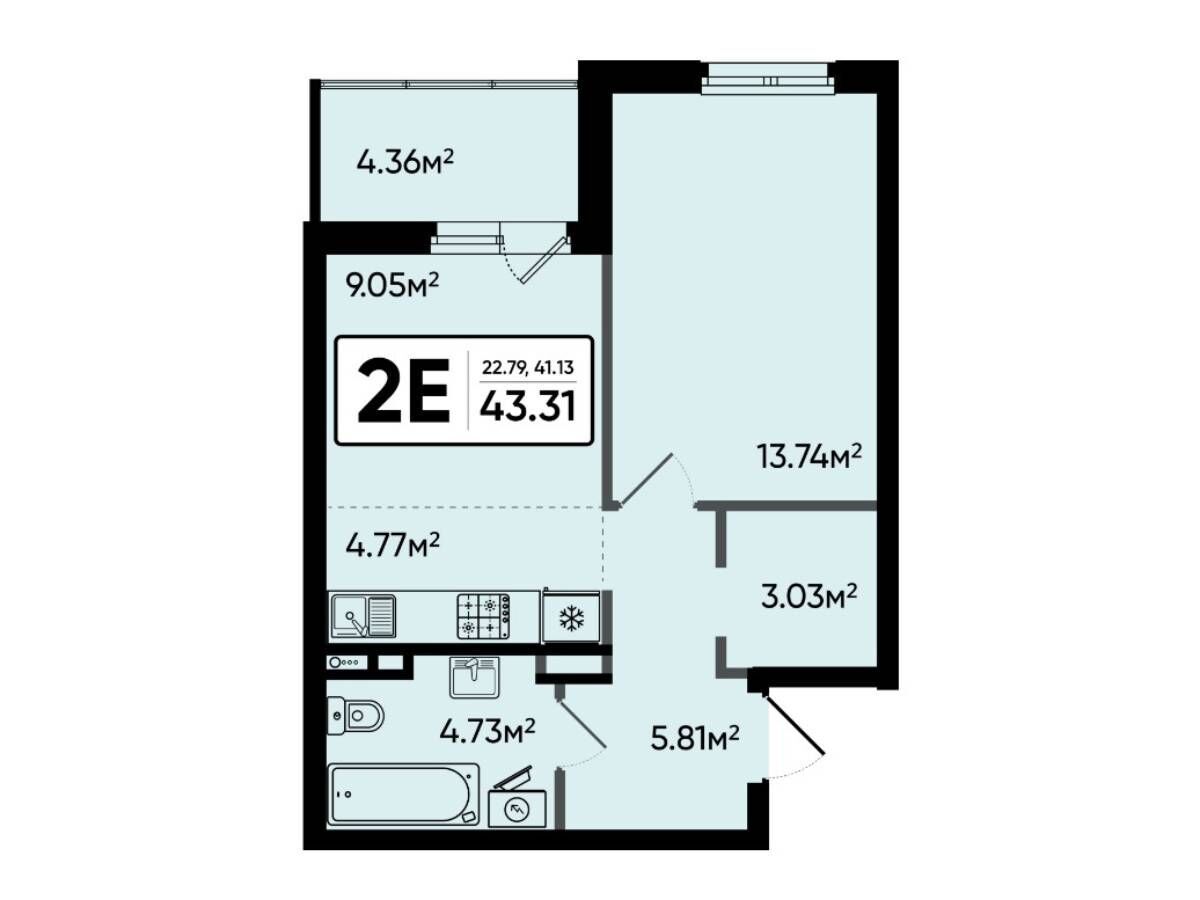 Планировка: 2-комн. квартира 43.31 м² в новостройке Северный Квартал
