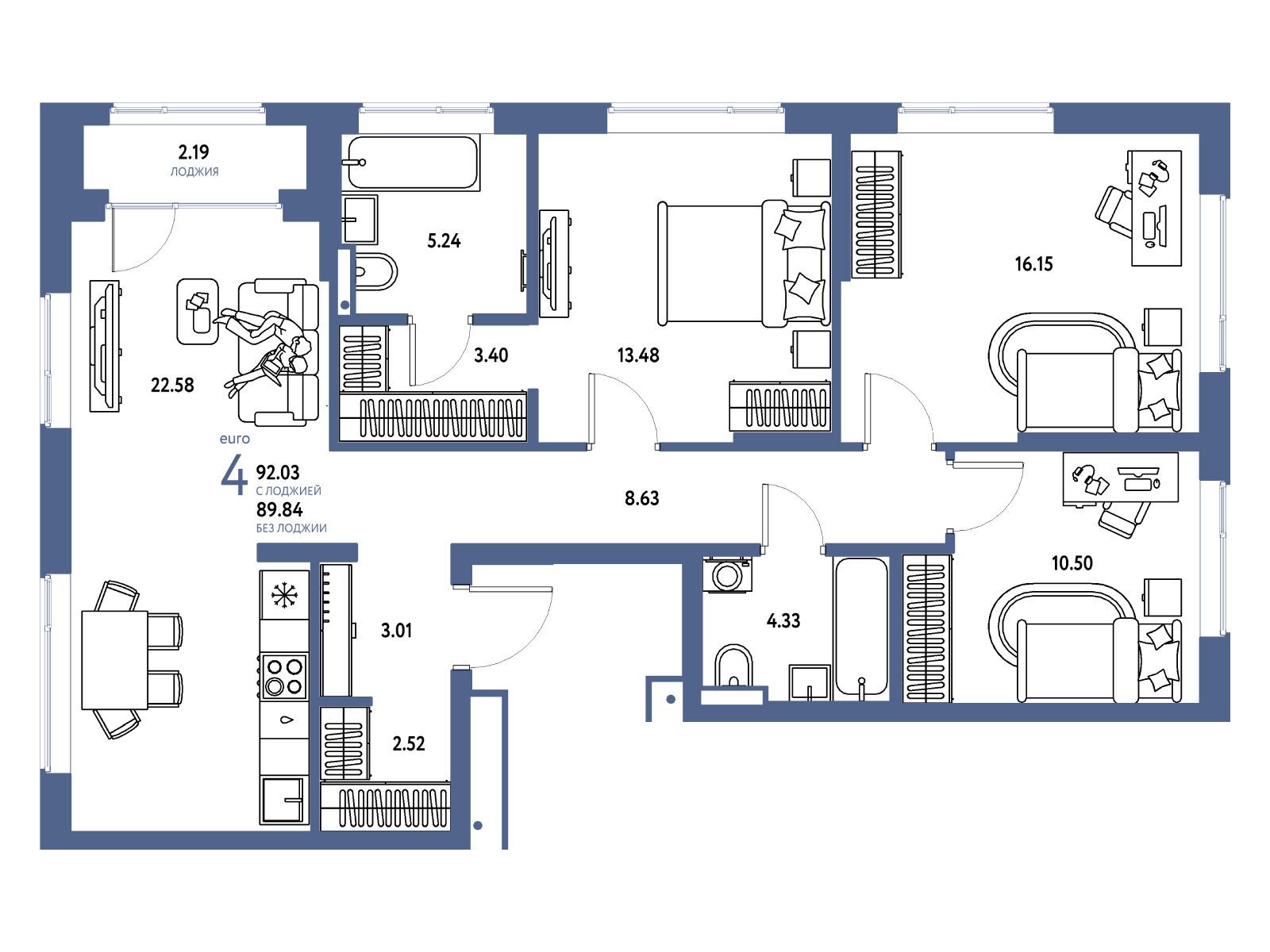 Планировка: 4-комн. квартира 92.03 м² в новостройке Страна Парковая