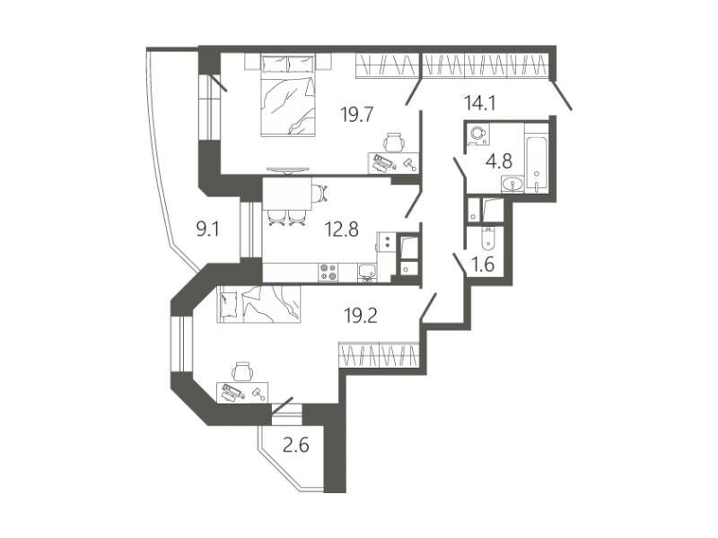 Планировка: 2-комн. квартира 76.20 м² в новостройке Мессиер 18
