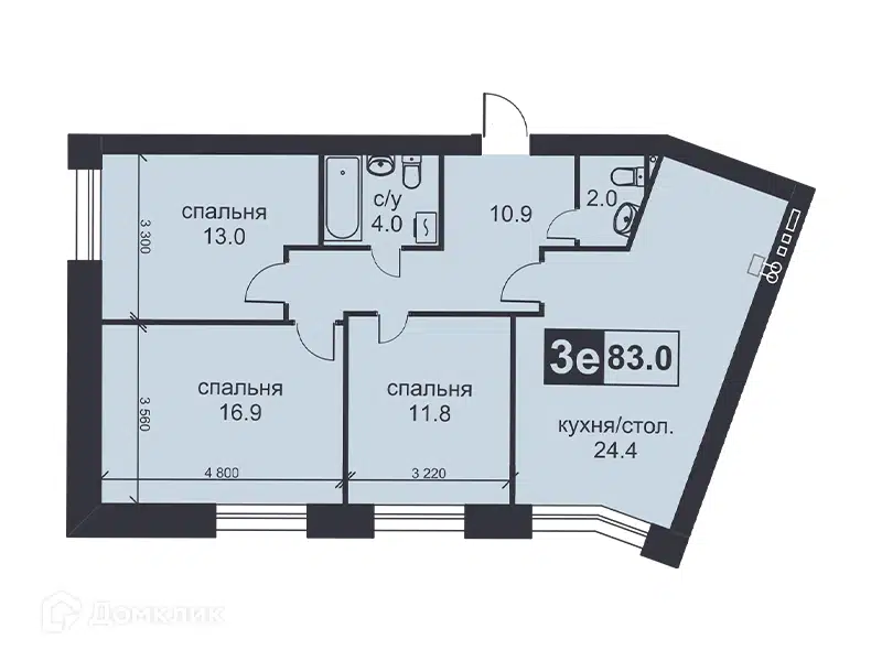 Планировка: 3-комн. квартира 83.00 м² в новостройке Михайловский