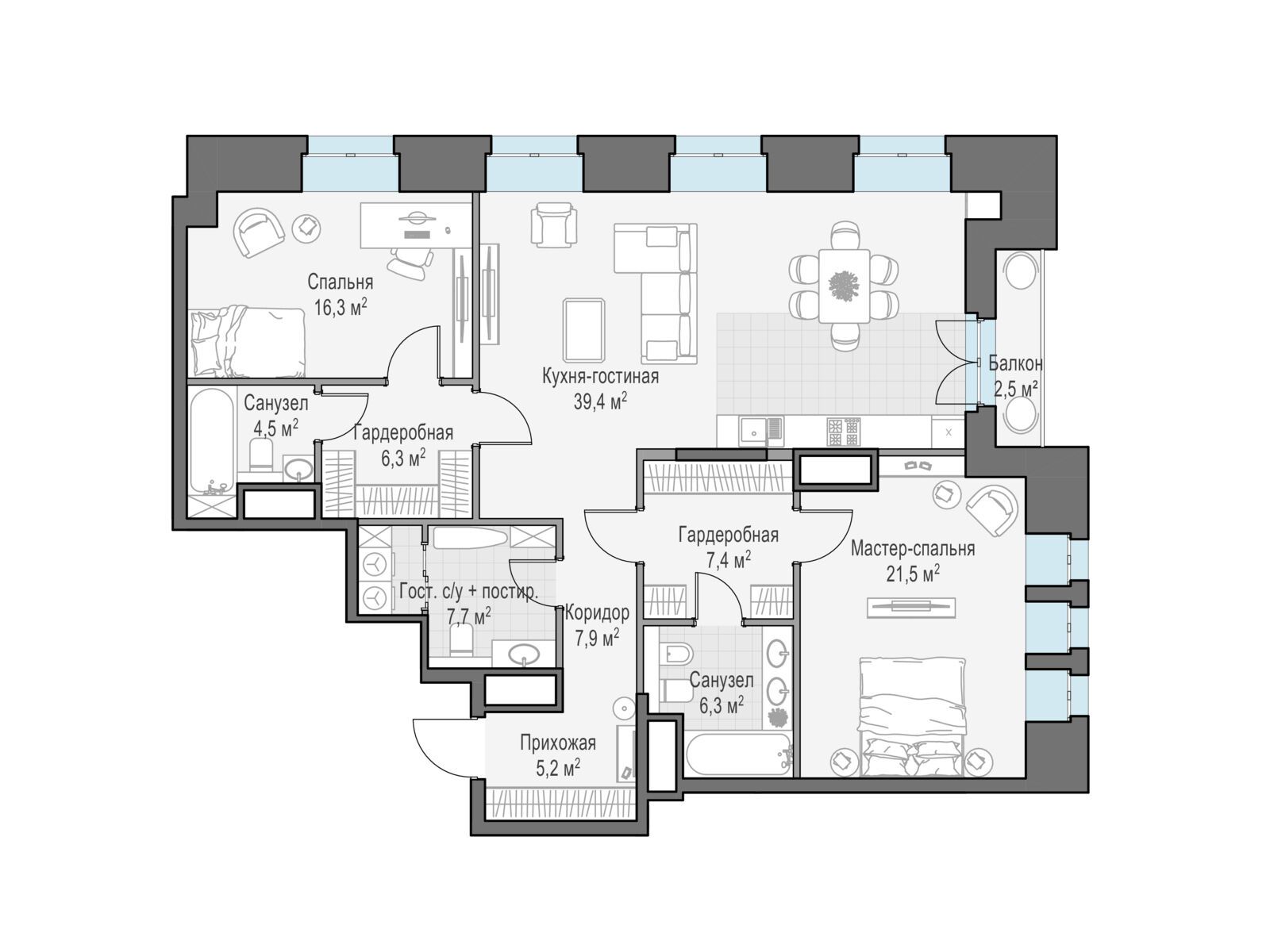 Планировка: 2-комн. квартира 124.50 м² в новостройке Фон Дессин