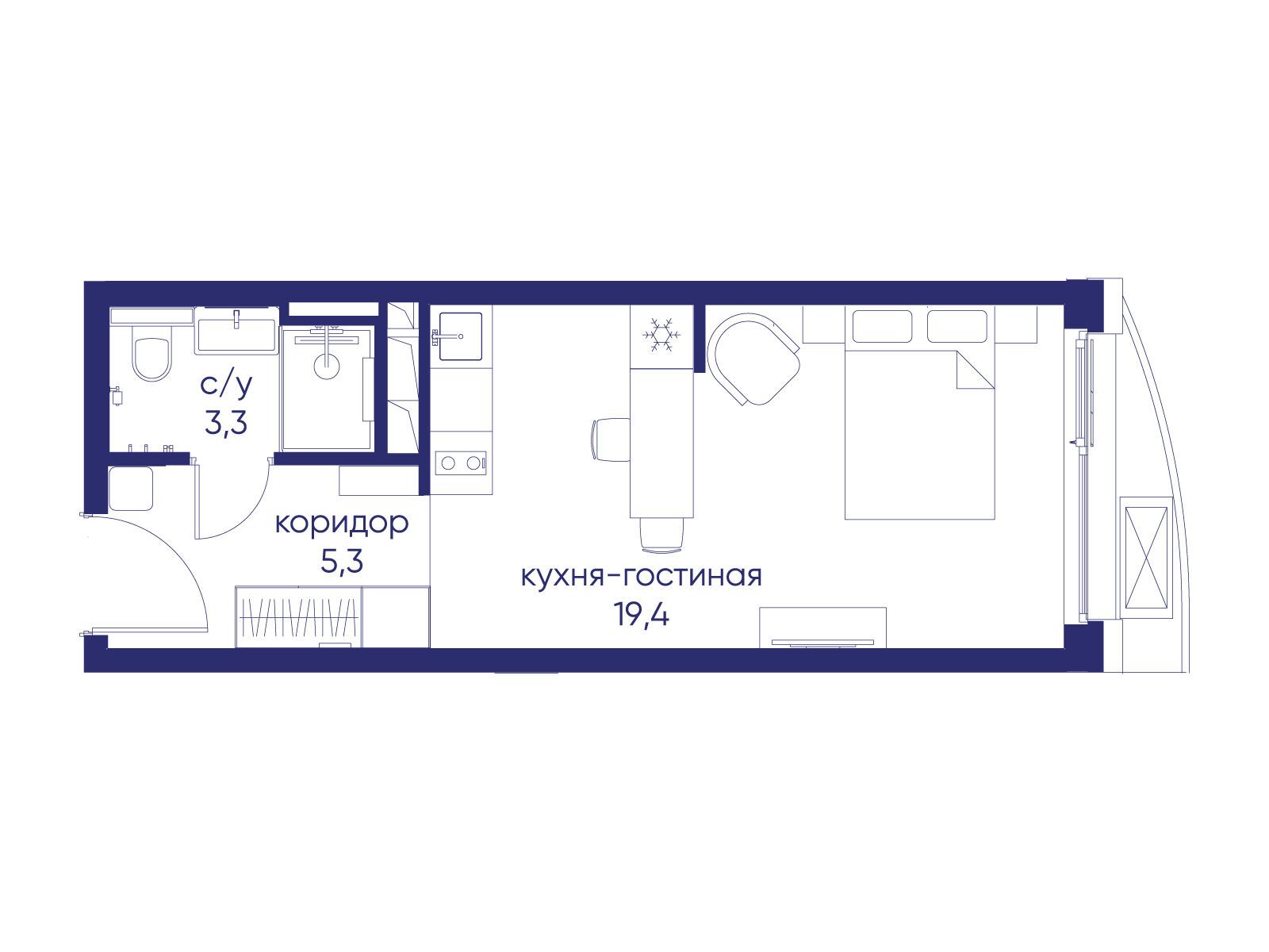 Планировка: Студия 28.00 м² в новостройке Остров