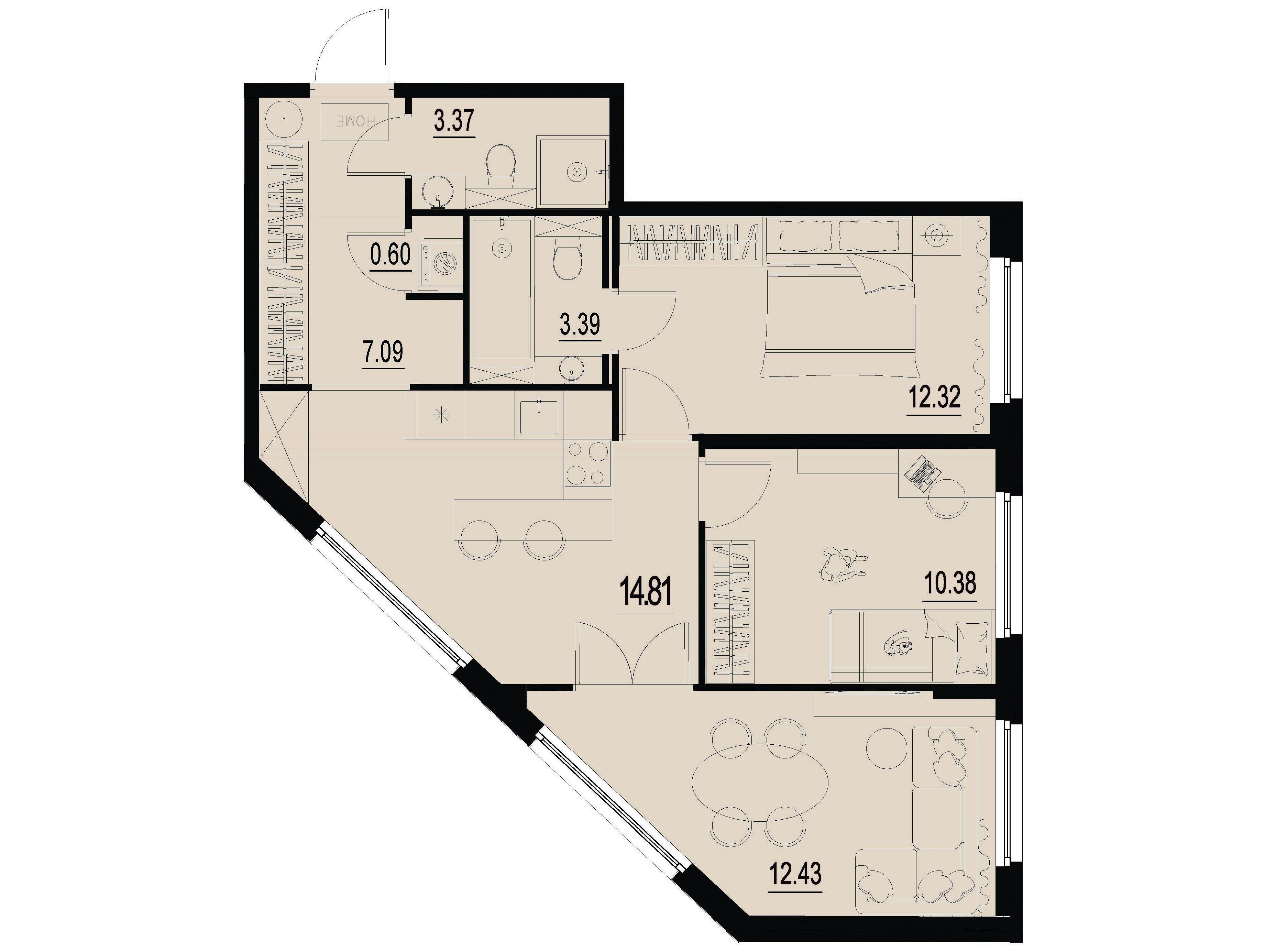 Планировка: 3-комн. квартира 64.39 м² в новостройке Айди Мурино 3