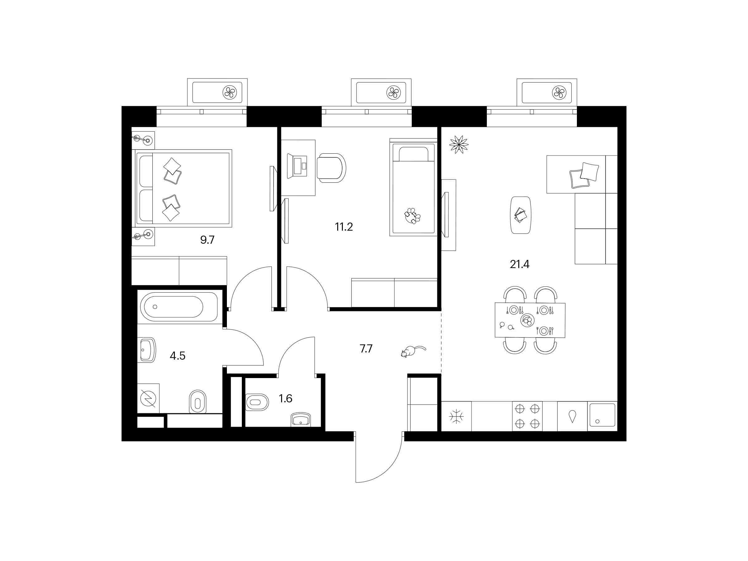 Планировка: 2-комн. квартира 56.10 м² в новостройке Люблинский парк