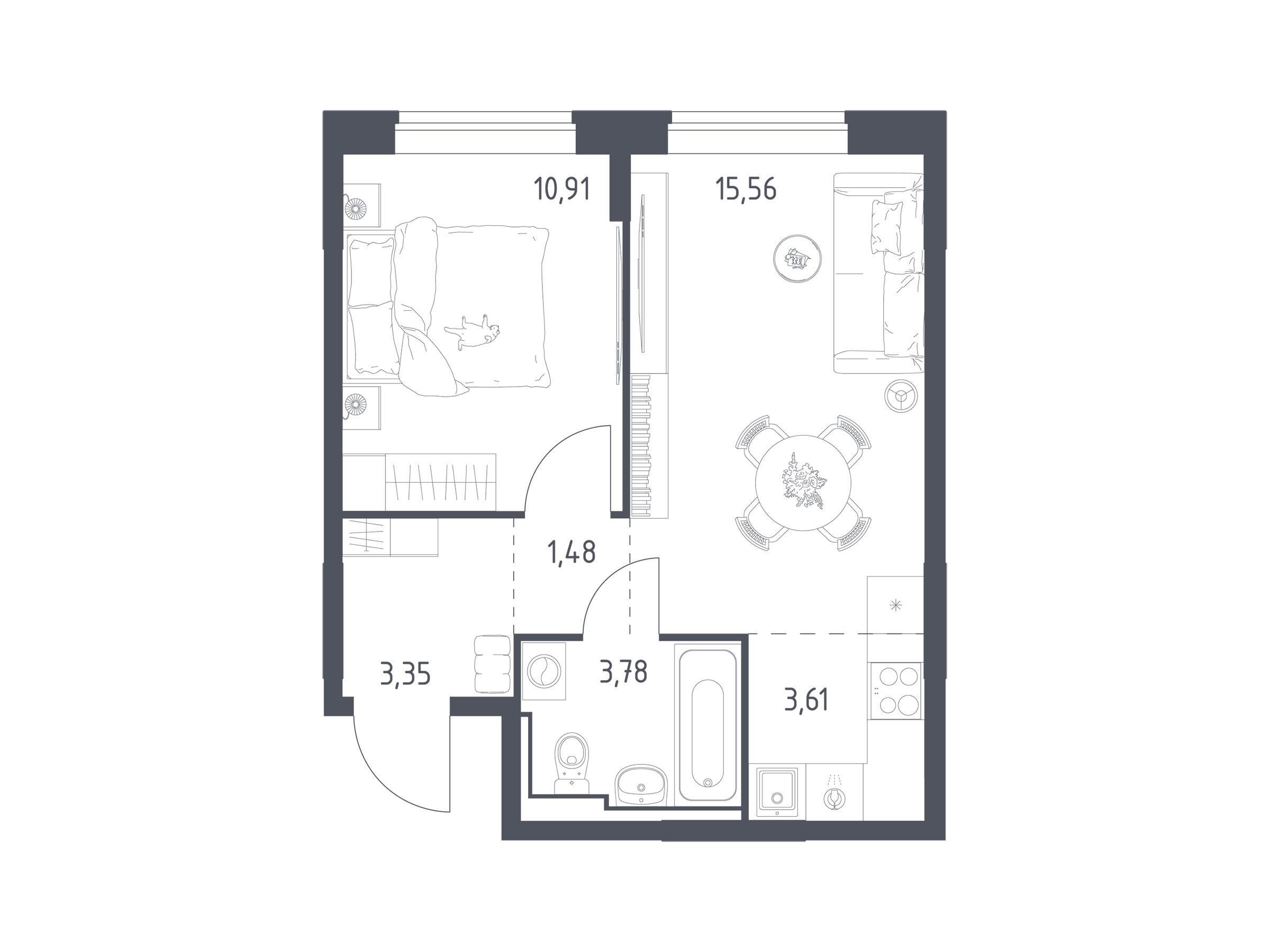 Планировка: 1-комн. квартира 38.69 м² в новостройке Богдановский Лес