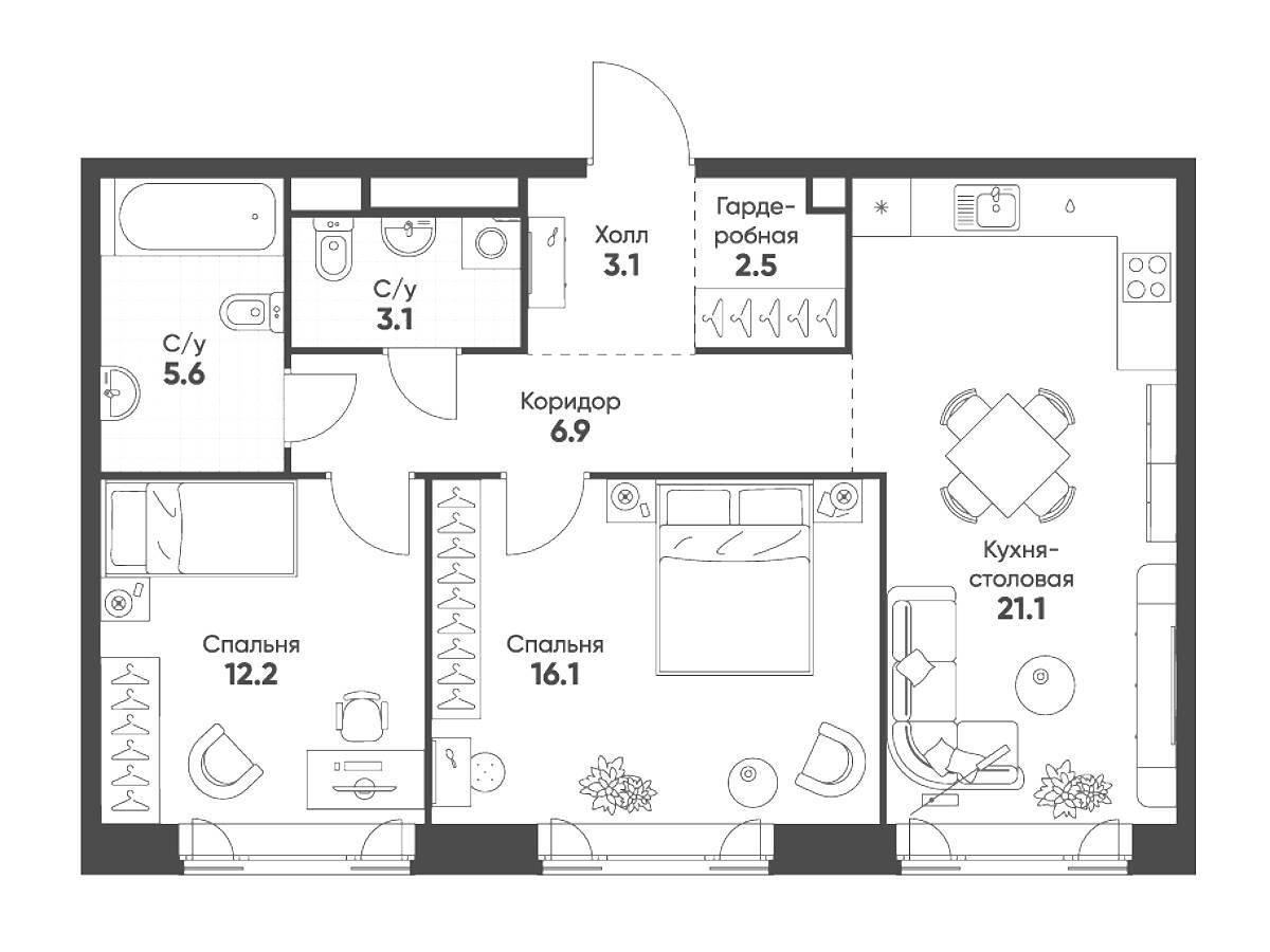 Планировка: 2-комн. квартира 70.60 м² в новостройке Мариин Парк