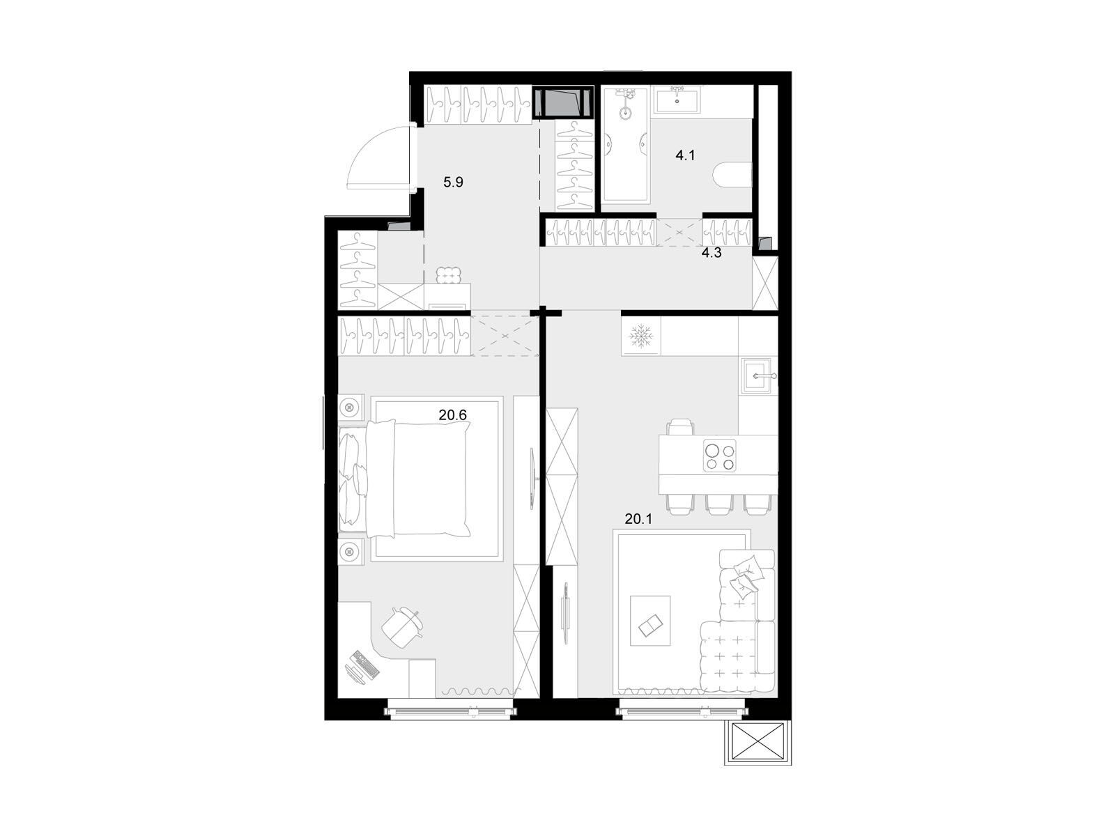 Планировка: 1-комн. квартира 55.30 м² в новостройке Малевич