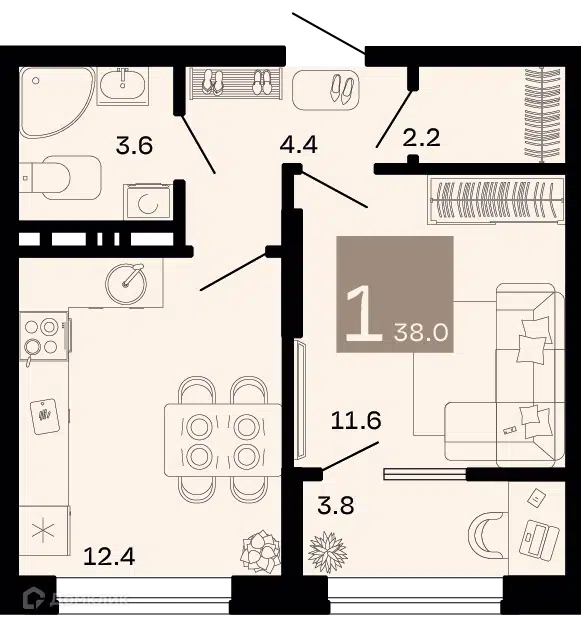 Планировка: 1-комн. квартира 34.20 м² в новостройке Хозяин морей