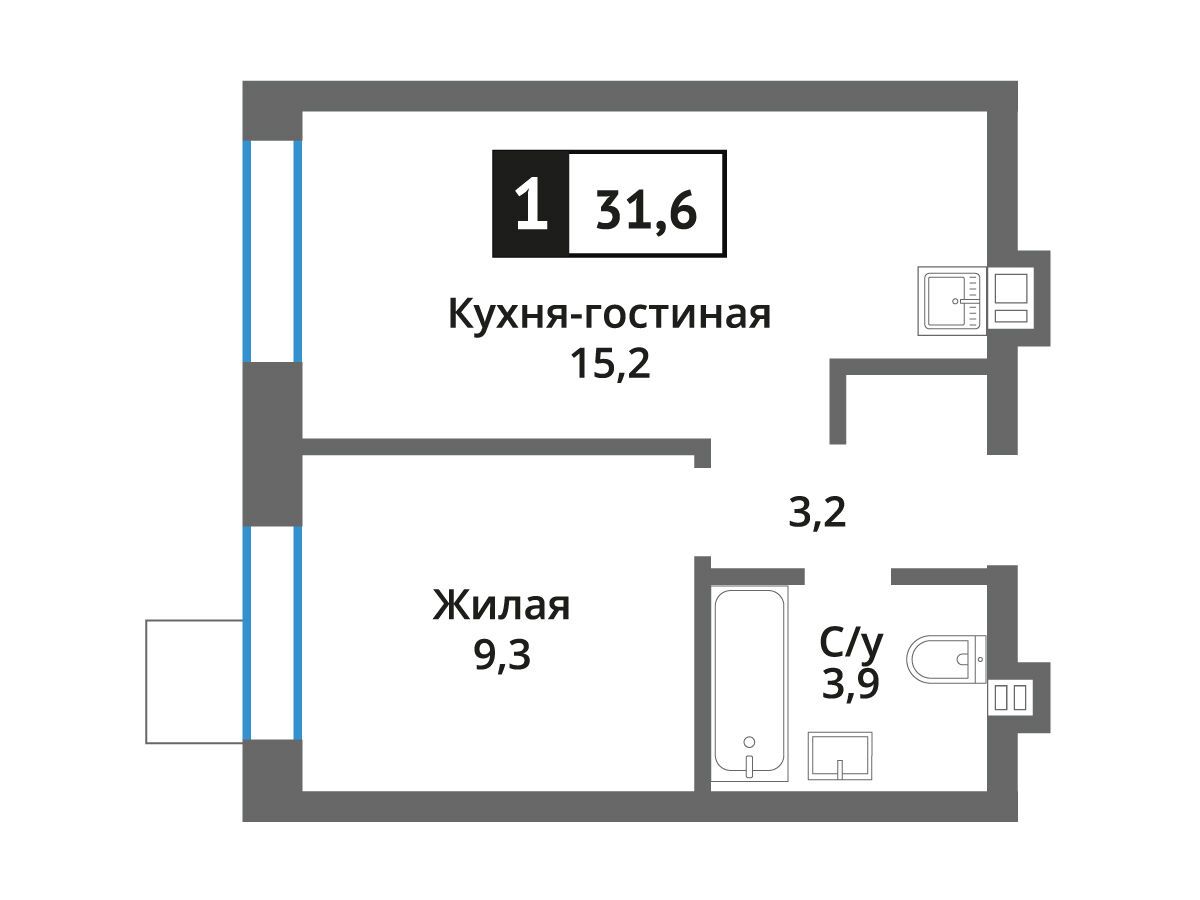 Планировка: 1-комн. квартира 31.60 м² в новостройке Никольский квартал Отрада