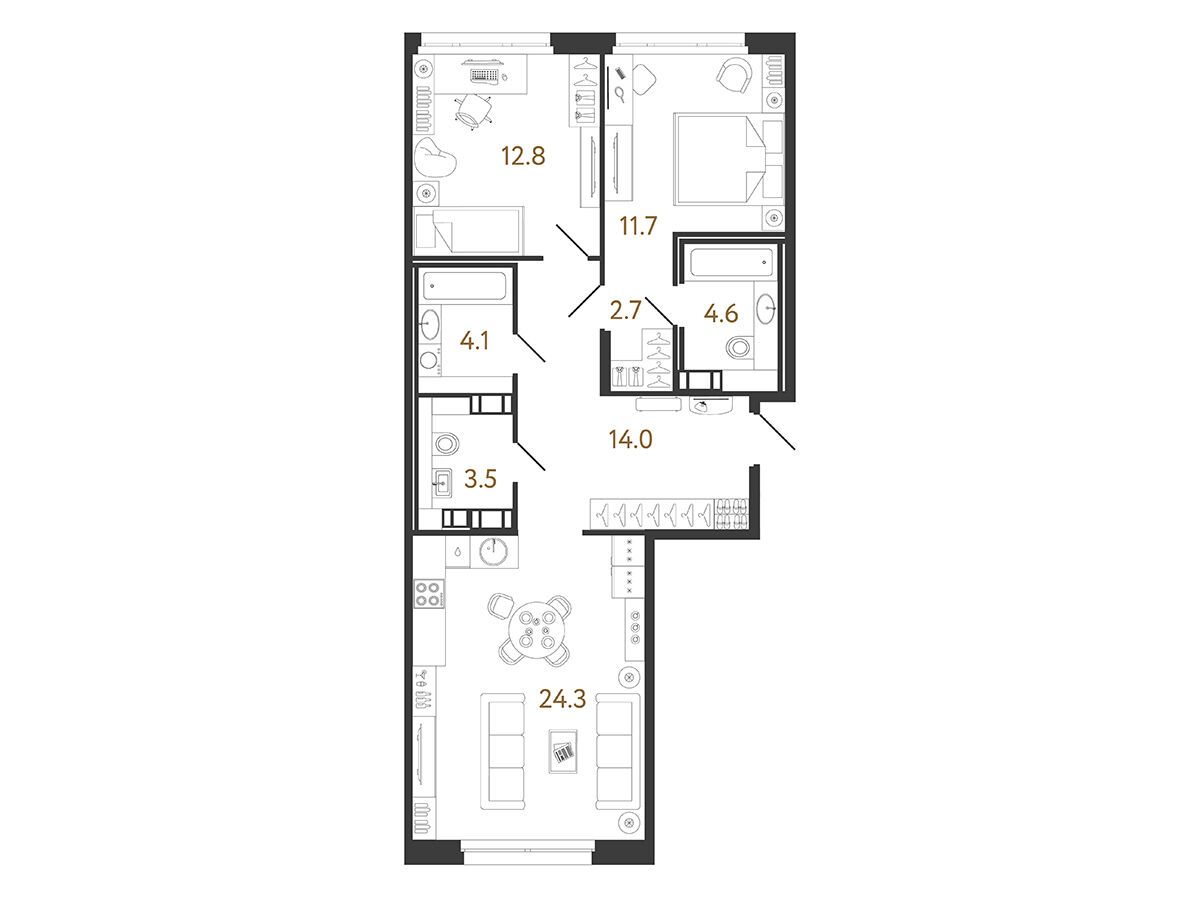 Планировка: 2-комн. квартира 77.70 м² в новостройке Куинджи