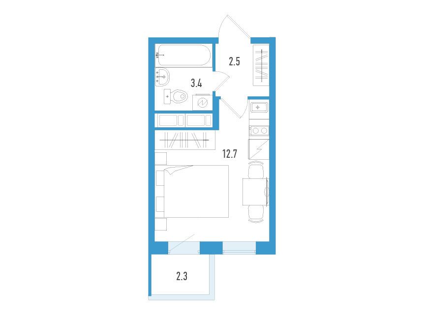 Планировка: Студия 19.30 м² в новостройке Аэросити Клаб