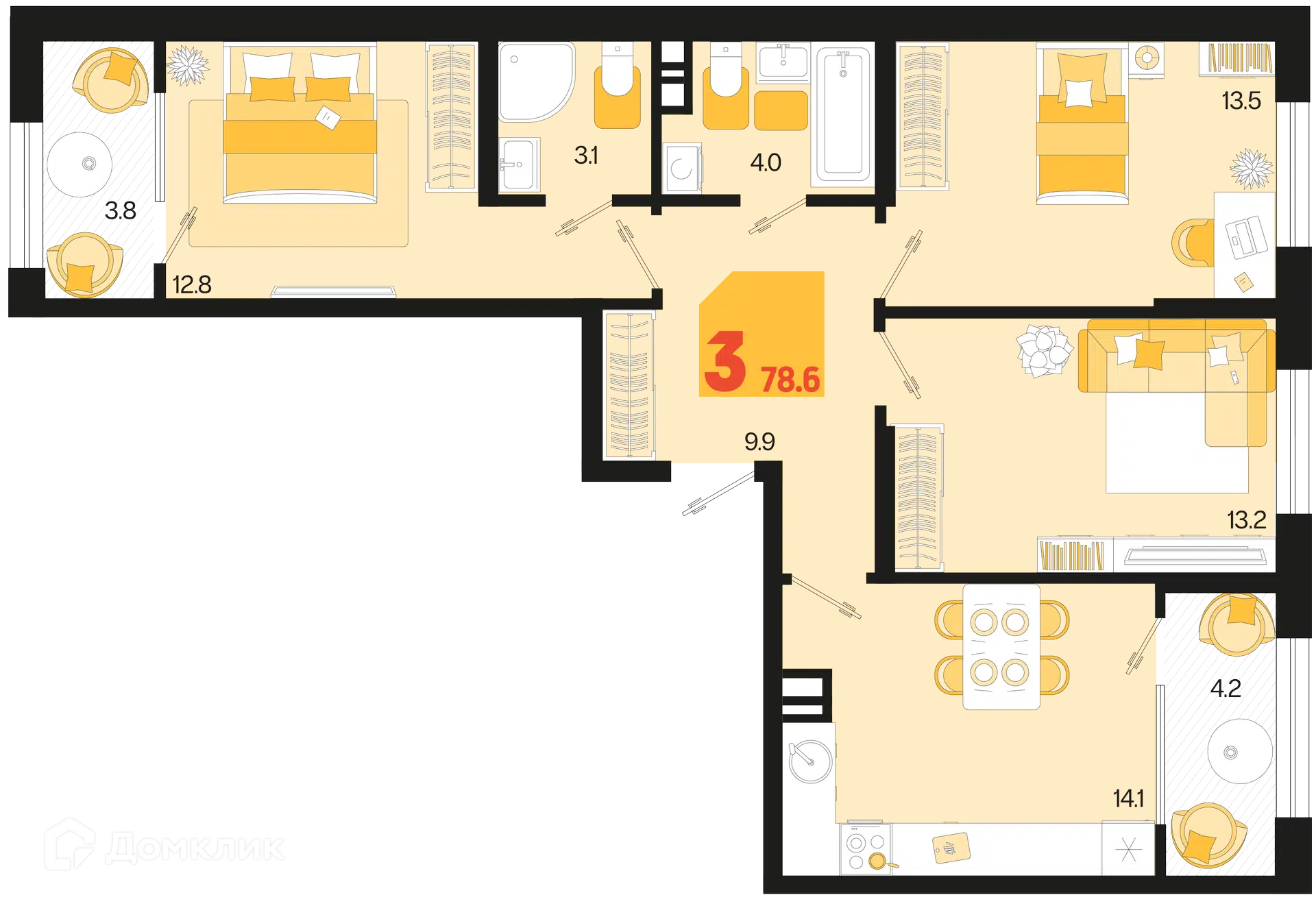 Планировка: 3-комн. квартира 78.60 м² в новостройке Первое место
