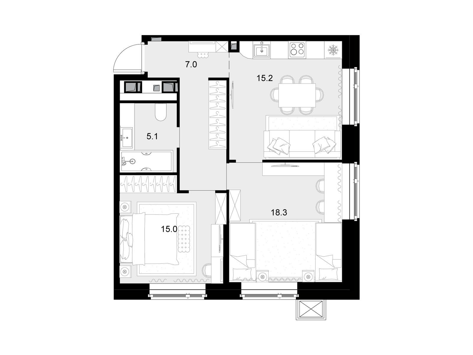 Планировка: 2-комн. квартира 57.00 м² в новостройке Малевич