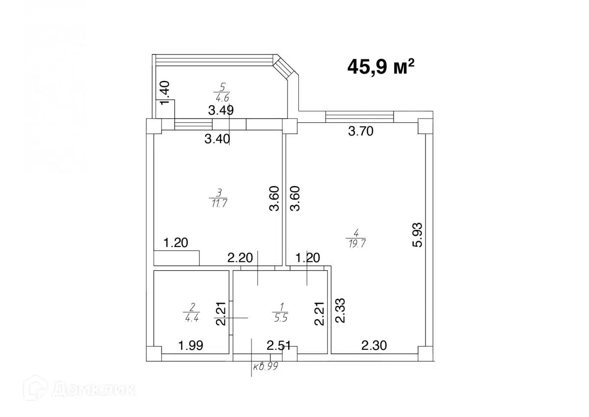 Планировка: 1-комн. квартира 45.90 м² в новостройке Квартал Лета