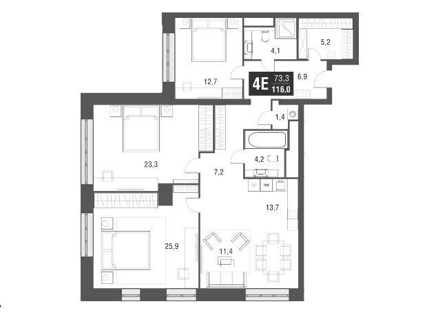 Планировка: 4-комн. квартира 116.00 м² в новостройке Афи Тауэр