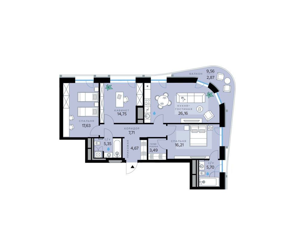 Планировка: 3-комн. квартира 104.54 м² в новостройке СберСити