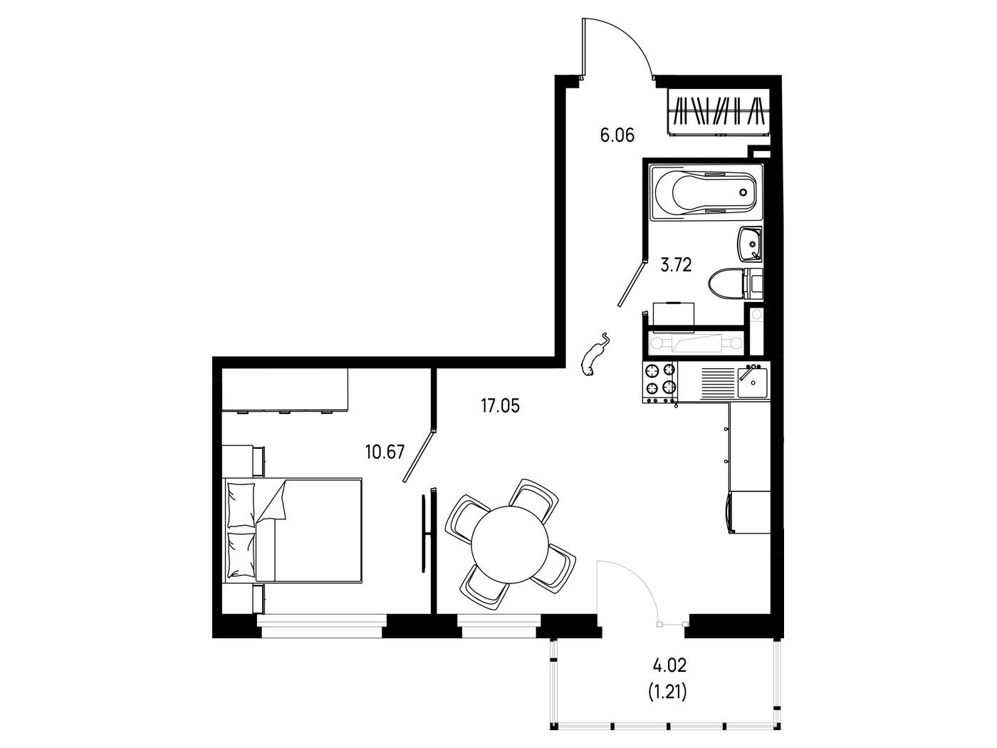 Планировка: 1-комн. квартира 38.71 м² в новостройке Имена