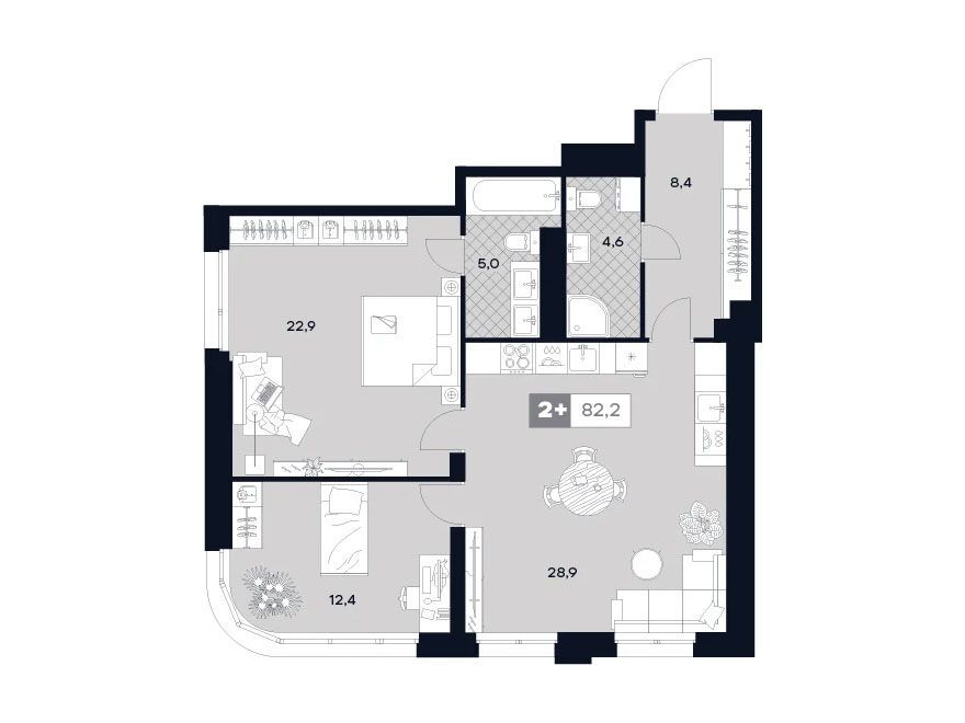Планировка: 2-комн. квартира 82.20 м² в новостройке ЖК Юту