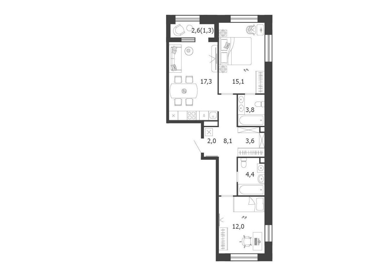 Планировка: 2-комн. квартира 67.60 м² в новостройке Шагал