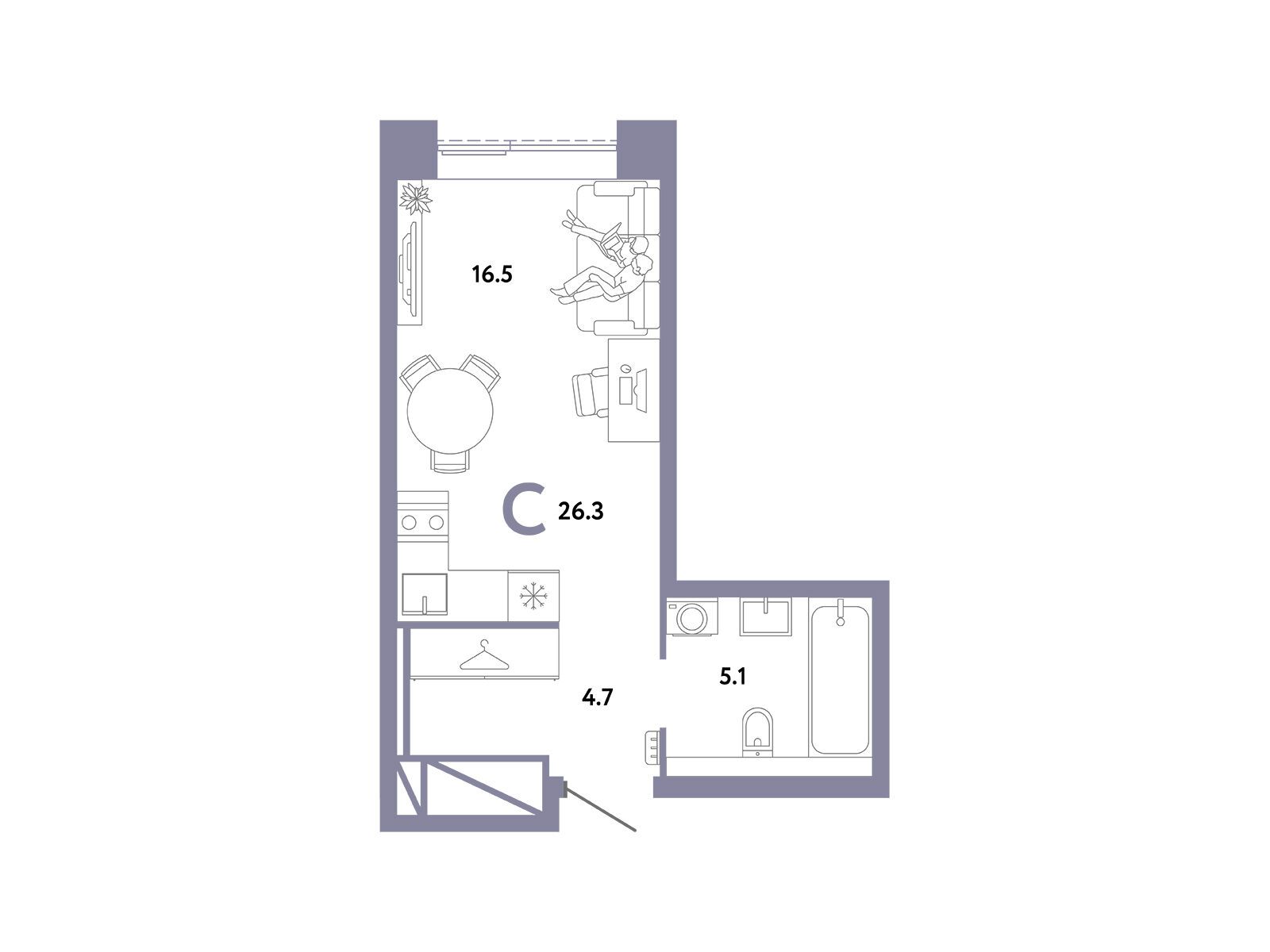 Планировка: 1-комн. квартира 26.30 м² в новостройке Страна. Заречная
