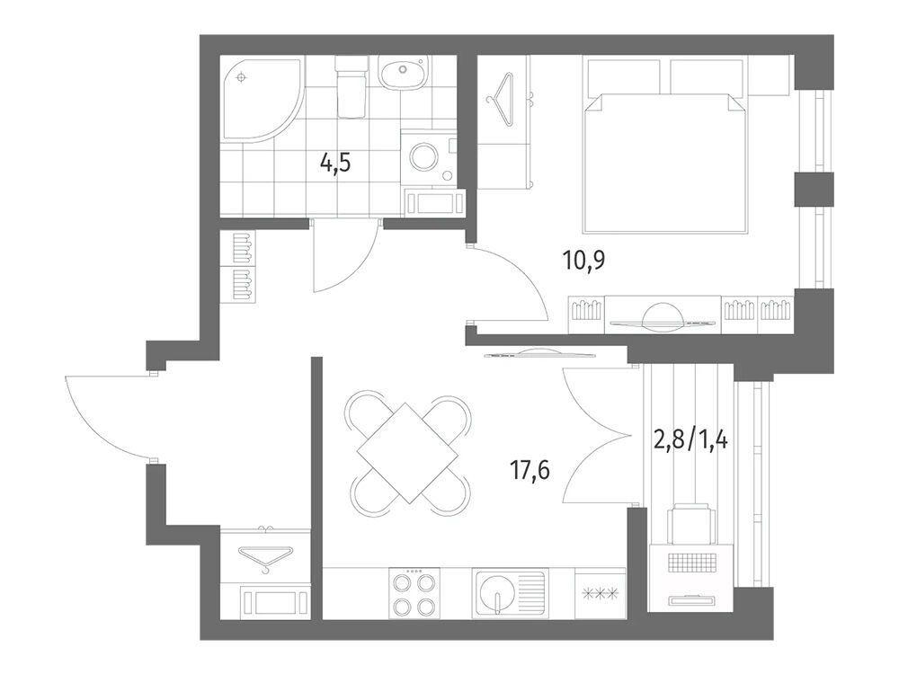 Планировка: 1-комн. квартира 34.60 м² в новостройке Ньюпитер