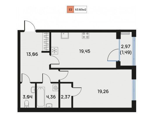 Планировка: 1-комн. квартира 63.23 м² в новостройке Дом Регенбоген