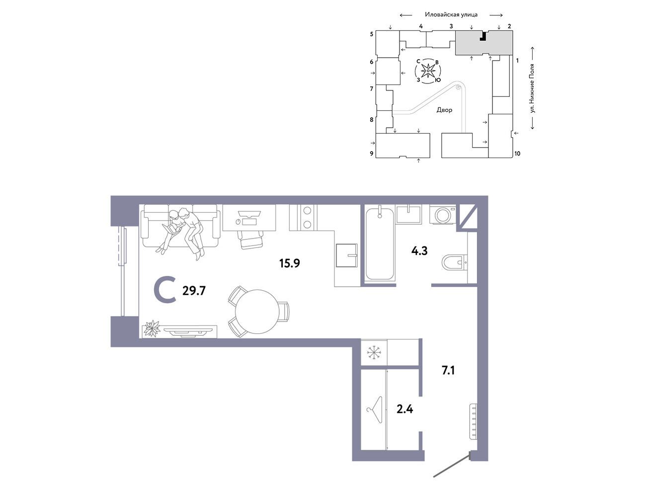 Планировка: 1-комн. квартира 29.70 м² в новостройке Страна. Заречная