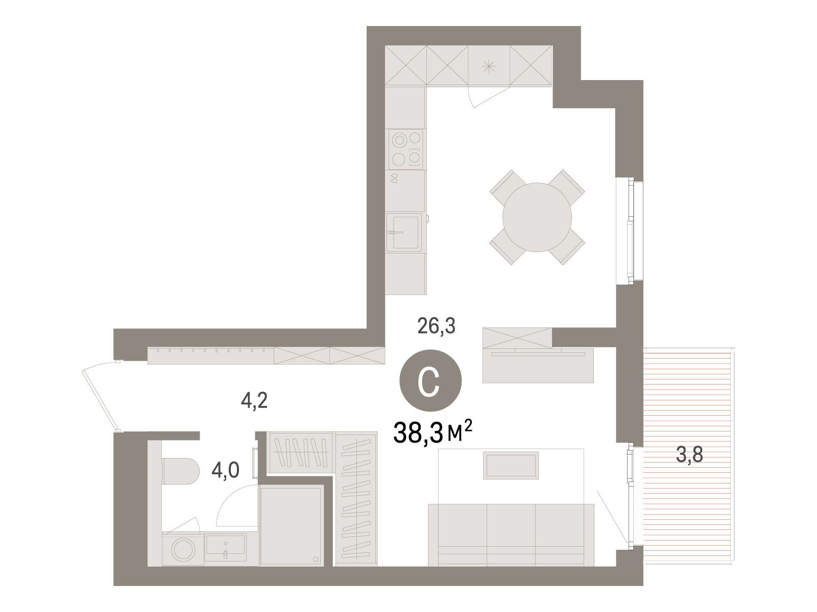 Планировка: Студия 38.30 м² в новостройке Брусника в Новоселье